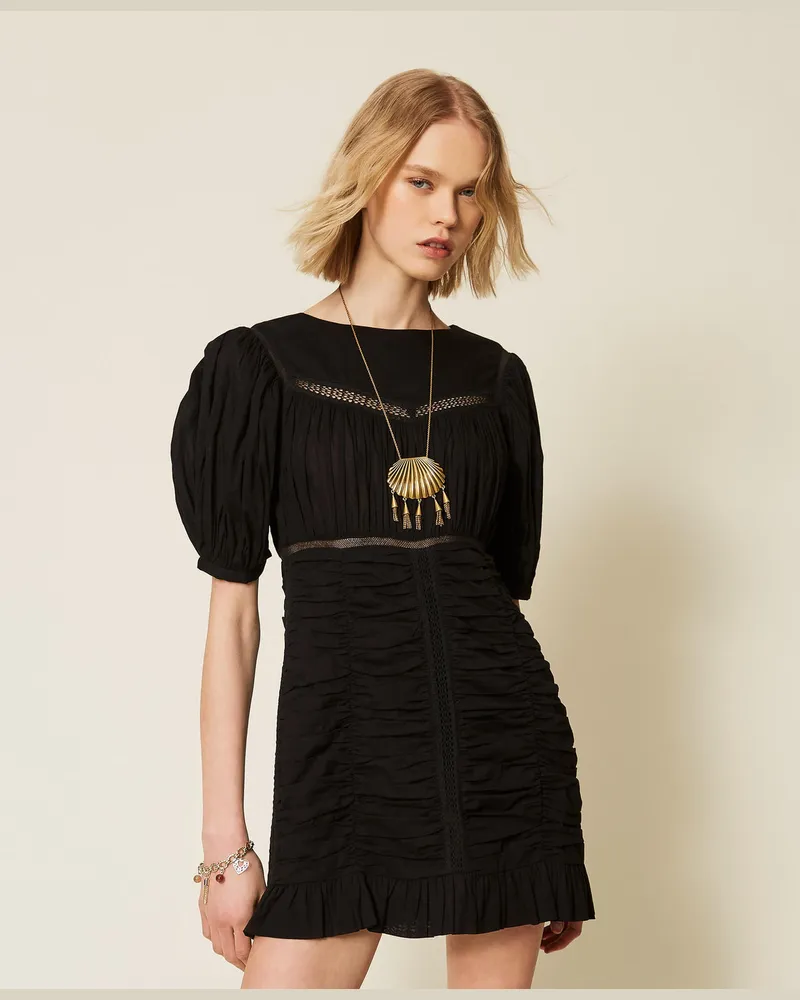 Twin-Set Kleider - Kurzes Kleid aus Musselin mit Kräuselungen, Schwarz, Baumwolle, Größe Schwarz