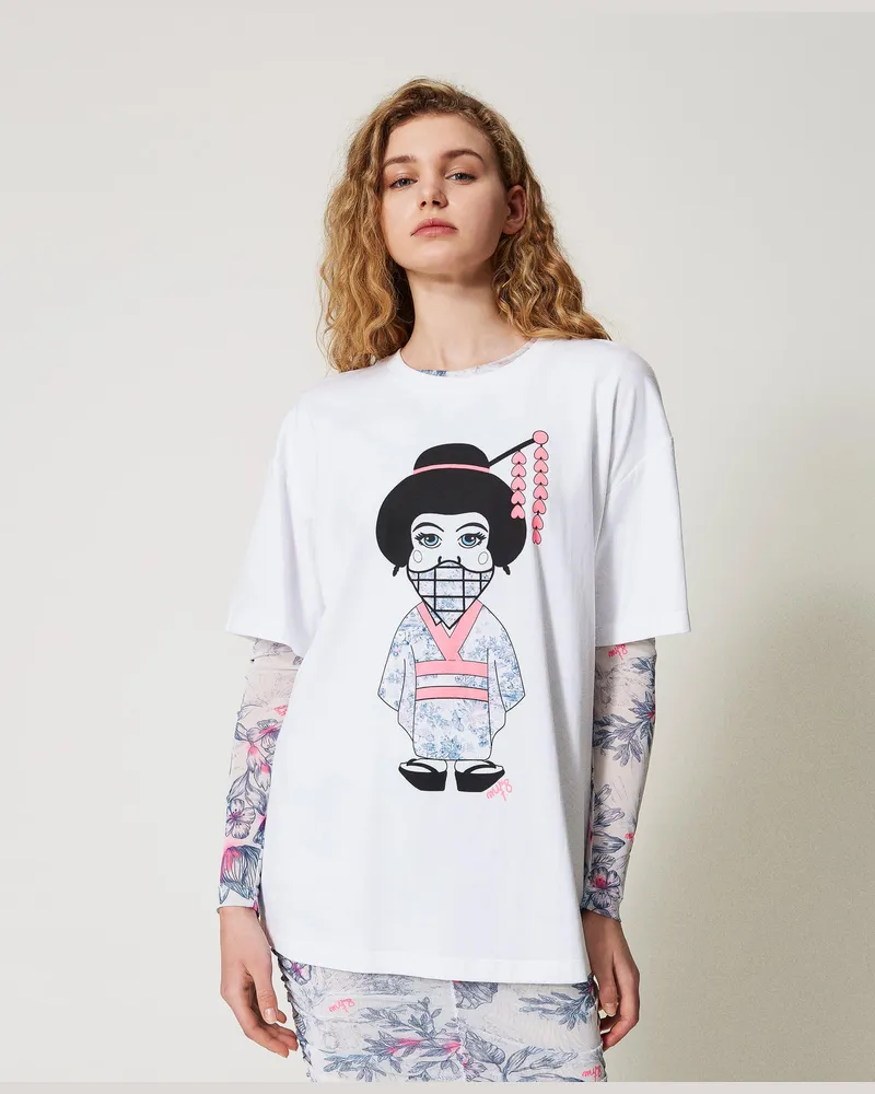 Actitude by Twinset T-Shirts - MYFO T-Shirt im Oversize-Fit, Papers / Bandit Geisha-Print, Baumwolle, Größe: XXS 