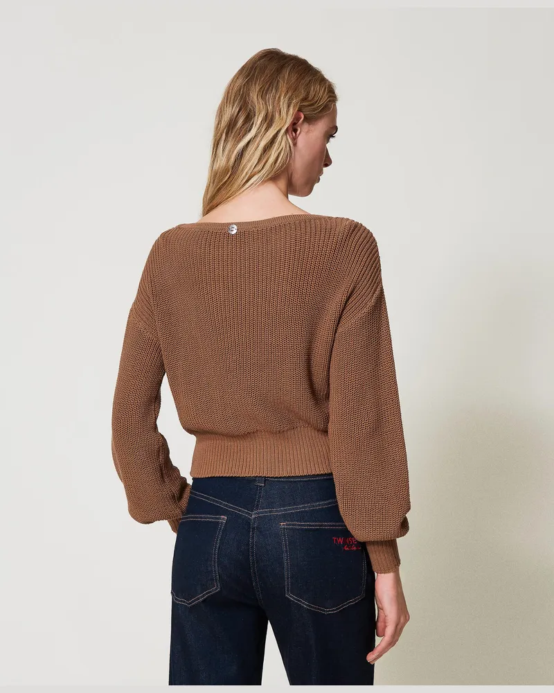 Actitude by Twinset Pullover mit Zopfmuster und Cut-out, Dark Juta, Baumwolle, Größe: L 