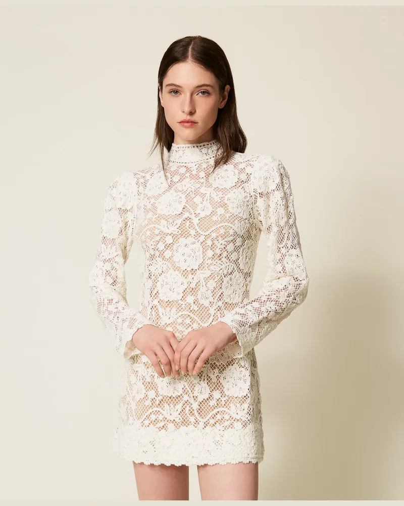 Twin-Set Kleider - Kurzes Häkelkleid aus Wollmischung, Weiß Schnee, Wolle, Größe Weiß