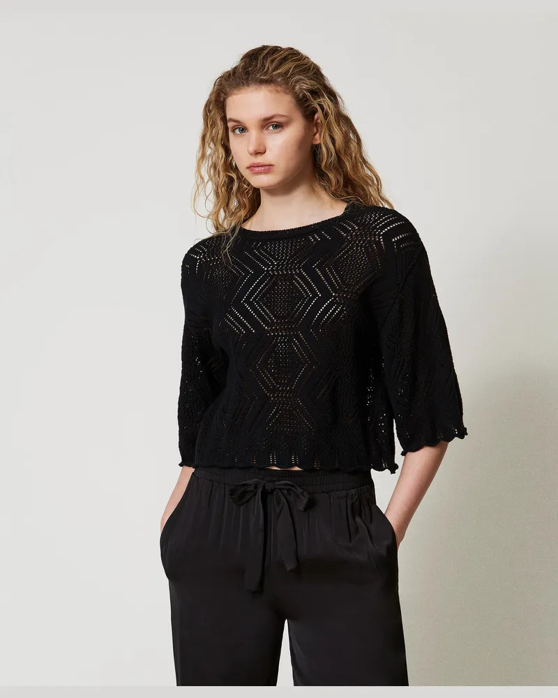 Twin-Set Rundhalspullover mit Durchbruchmuster, Schwarz, Baumwolle, Größe: XL 