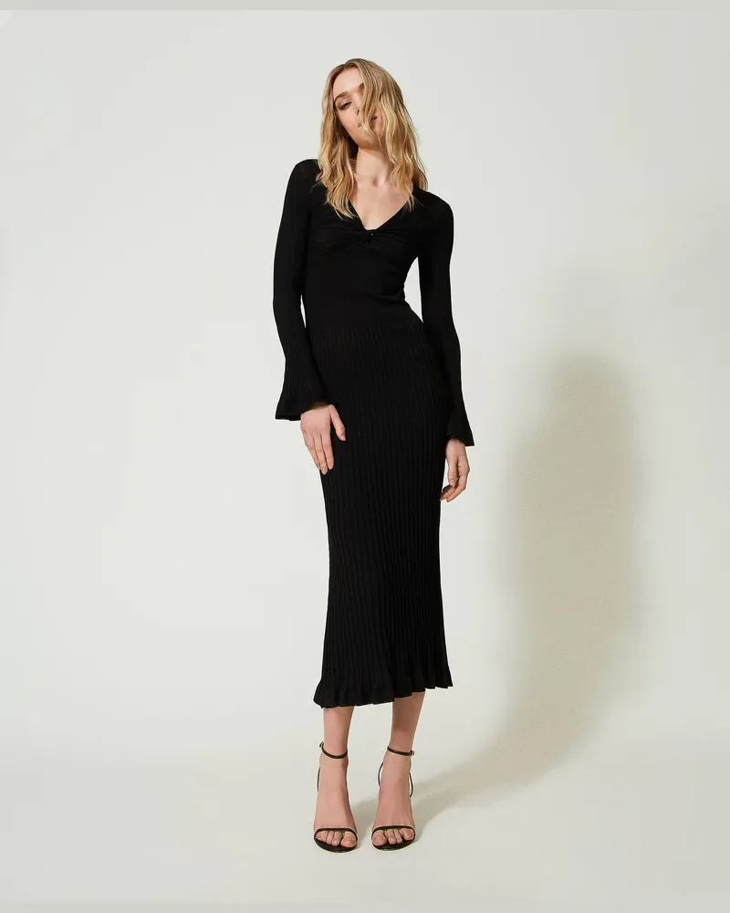 Twin-Set Kleider - Maxikleid aus Rippenstrick, Schwarz, Größe Schwarz