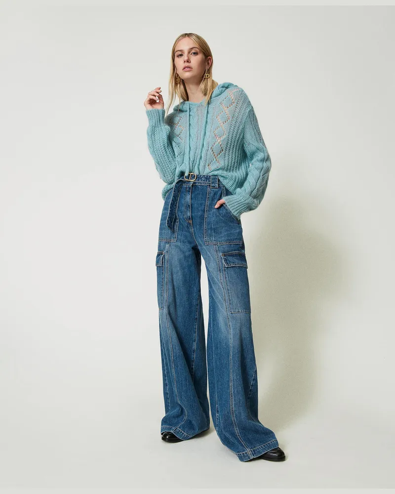 Twin-Set High-Waist-Cargojeans mit Gürtel, Denim, Größe: 32 