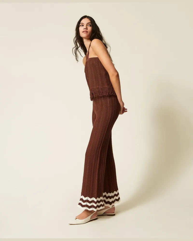 Actitude by Twinset Hosen - Strickhose mit Zackenmuster und Fransen, Zweifarbig Chocolate Lab/Milk, Baumwolle, Größe Zweifarbig