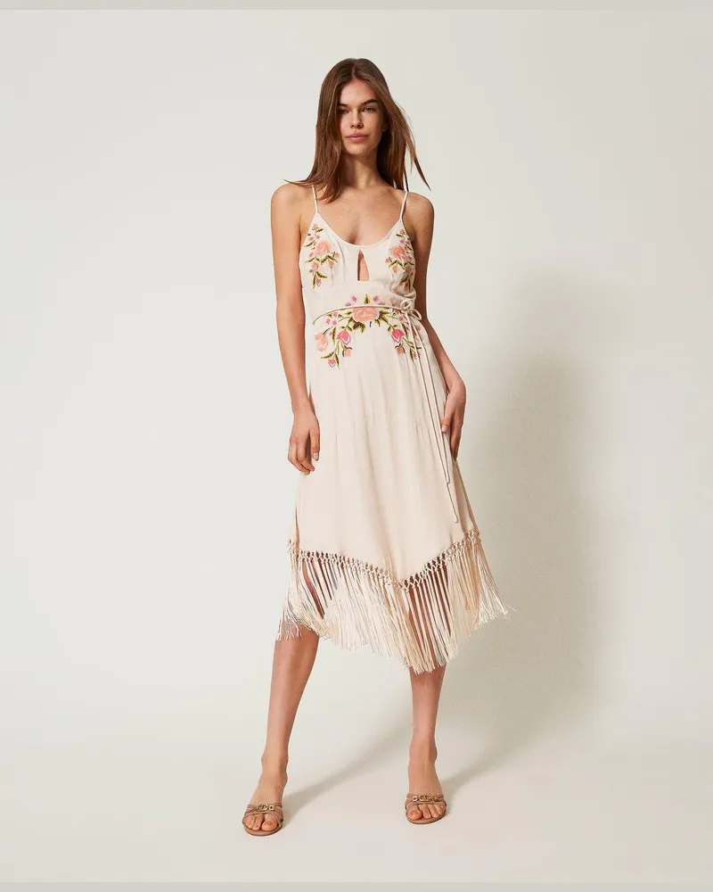 Twin-Set Kleider - Midikleid mit Blumenstickerei, Stickerei Beige / Multicolored Flowers, Größe Stickerei