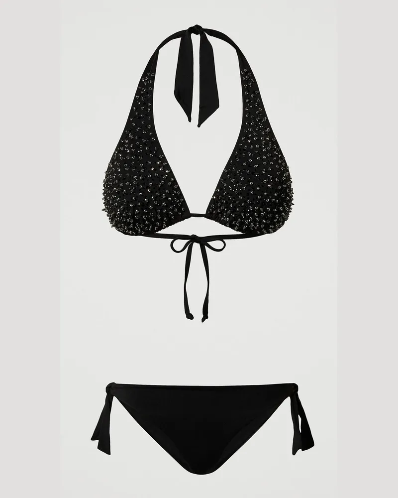 Twin-Set Bademode - Triangel-Bikinitop und Tanga mit Stickerei, Schwarz, Strass, Größe Schwarz