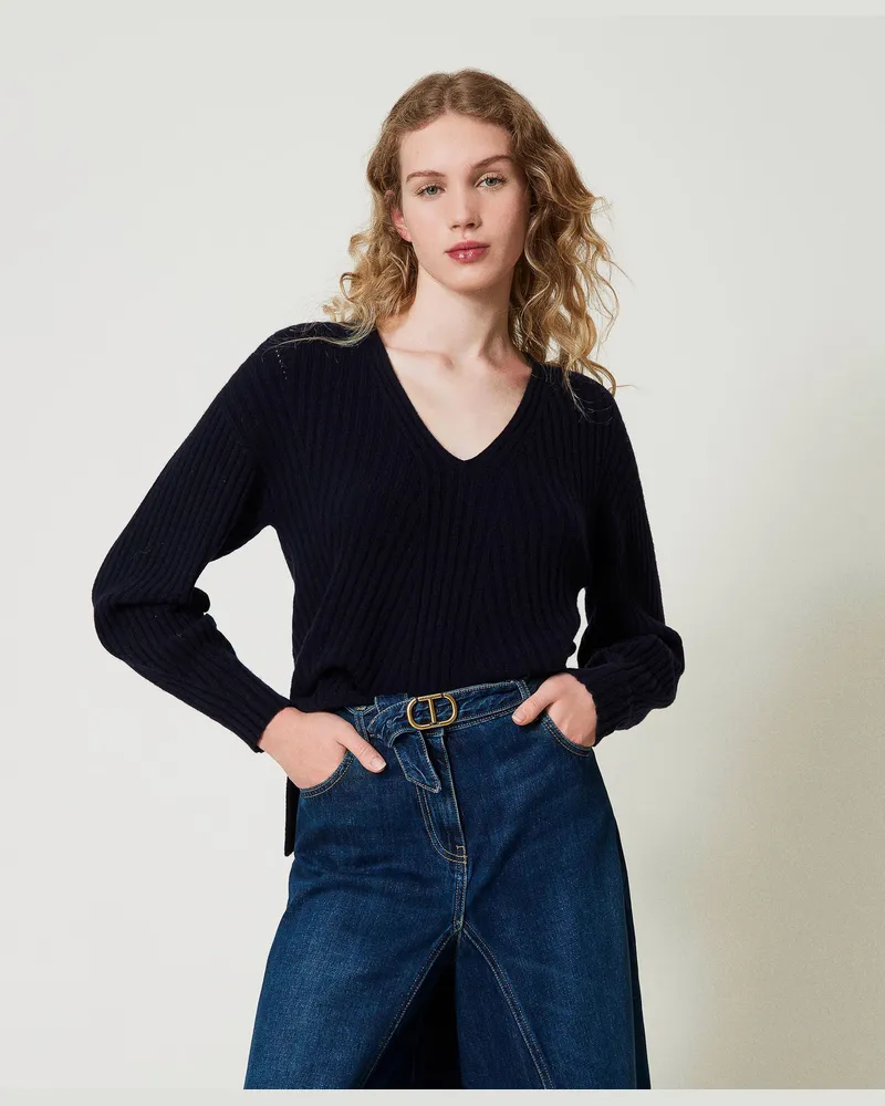 Twin-Set Pullover aus Wolle und Kaschmir mit Rippenmuster, Indigo, Größe: XXL 