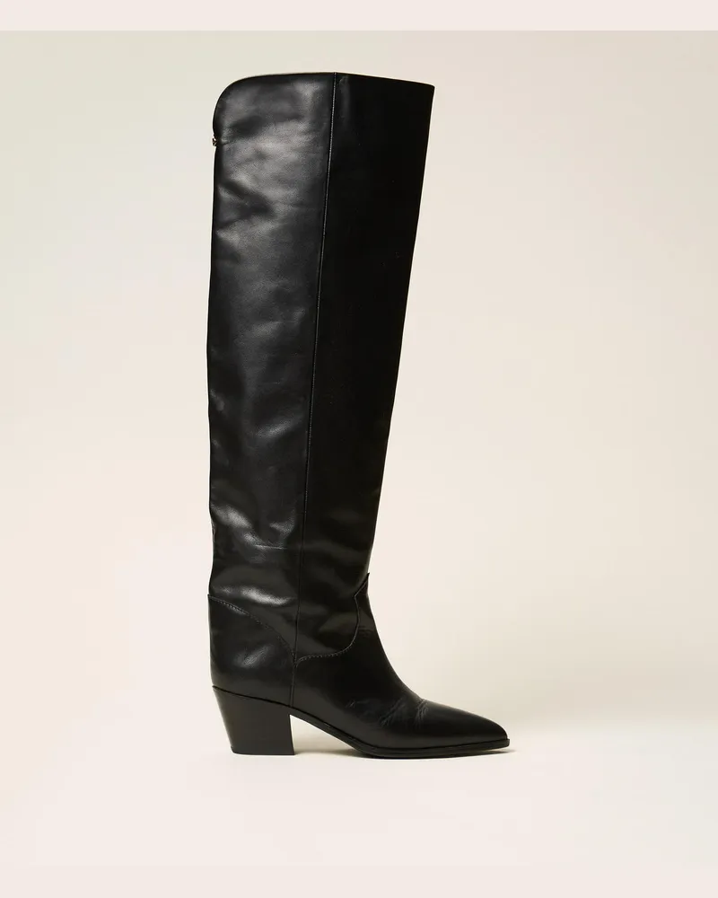 Twin-Set Overkneestiefel aus Leder Schwarz