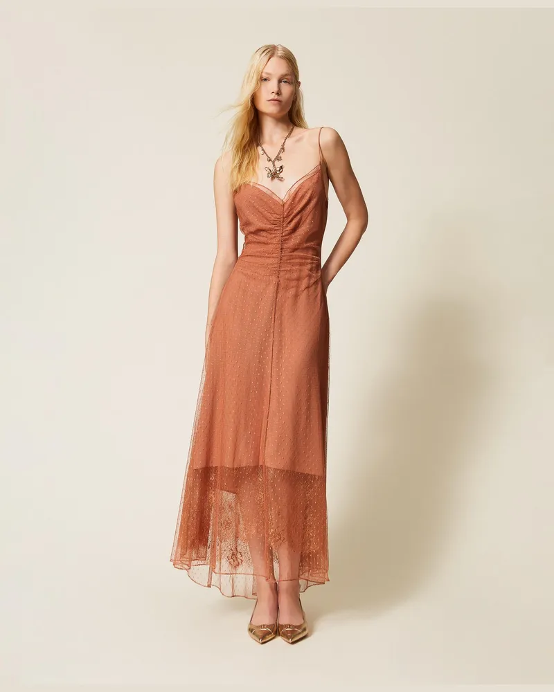 Twin-Set Kleider - Langes Kleid aus Plumetis-Tüll und Spitze, „Mocha Mousse"-Braun, Größe „mocha