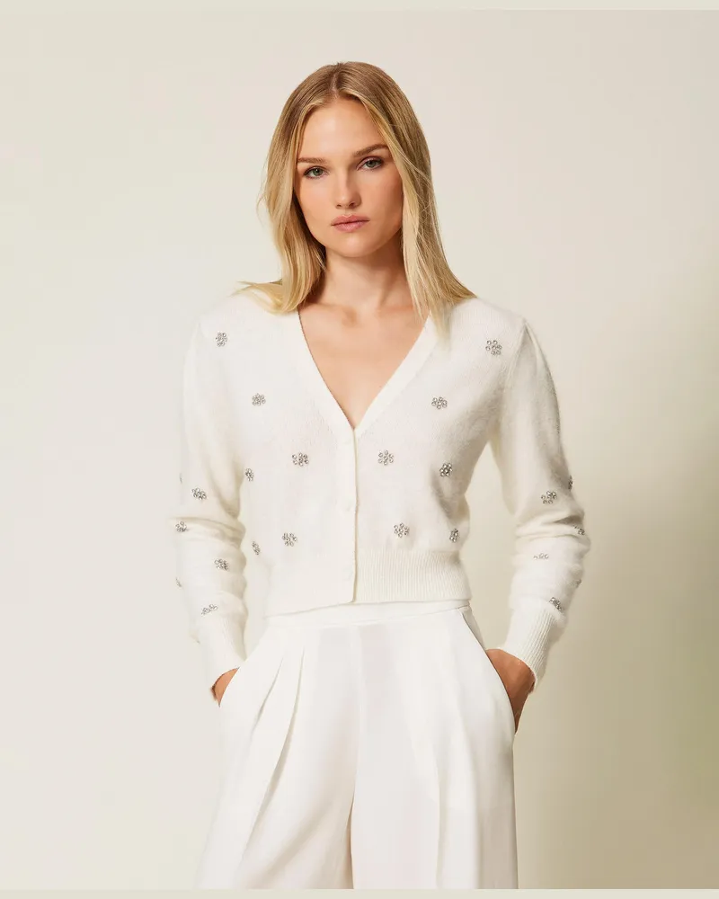 Twin-Set Cardigans - Cardigan aus Angorawollmischung mit Stickerei, Weiß Schnee, Größe Weiß