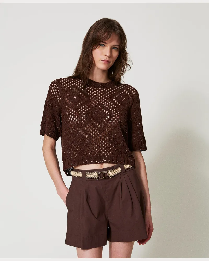Twin-Set Netzpullover mit Pailletten, Chocolate Paillettes, Größe: XXL 