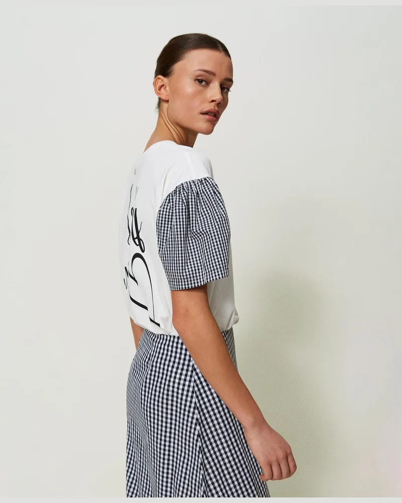 Actitude by Twinset T-Shirts - T-Shirt im Regular-Fit mit Vichy-Ärmeln, Zweifarbig Papyrusweiß / Schwarz, Kariert, Größe: L 