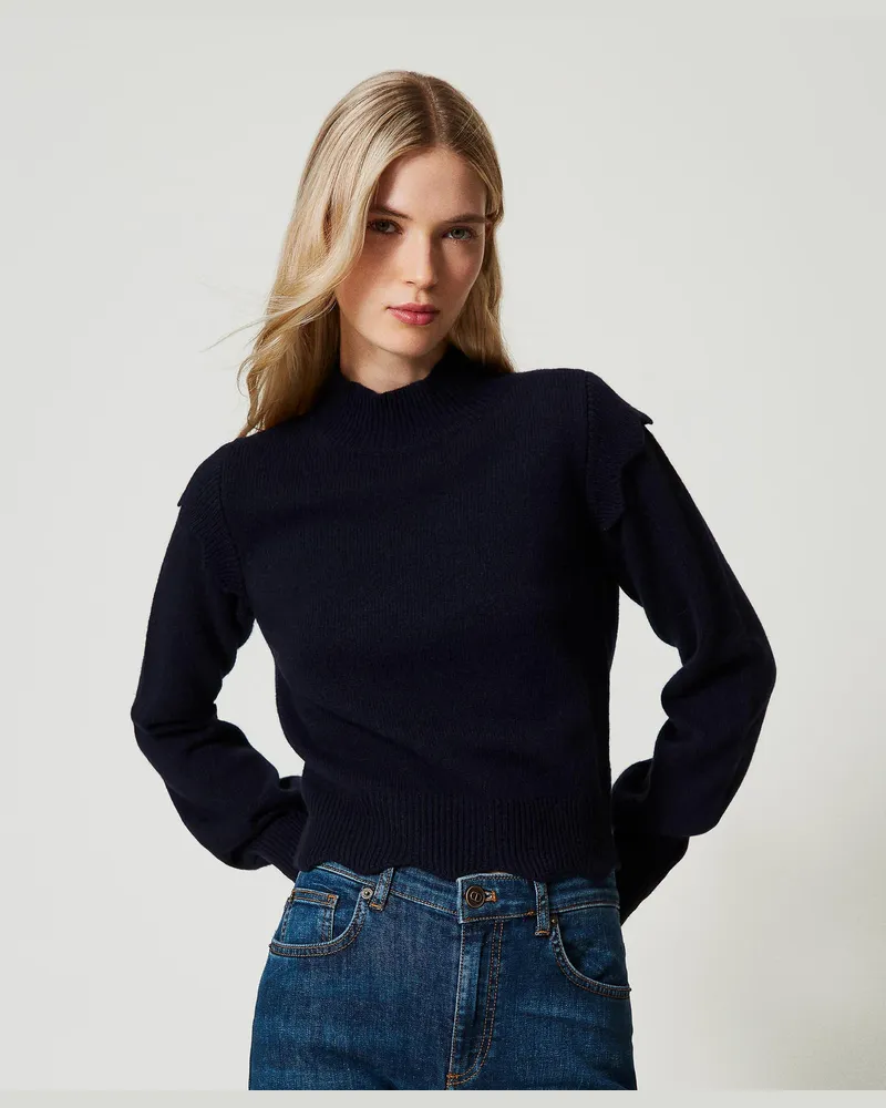 Twin-Set Pullover aus Wolle und Kaschmir mit Wellenrändern, Klassisches Blau, Größe: XXL 