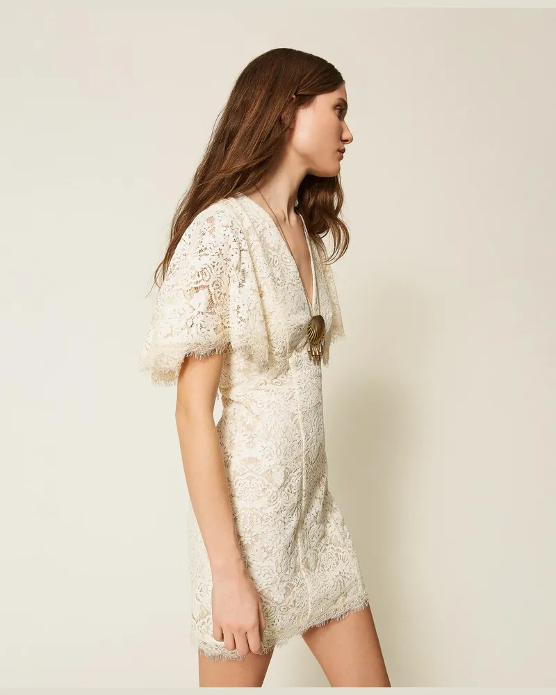 Twin-Set Kleider - Kurzes Kleid aus Spitze, Perlmutt, Größe Perlmutt