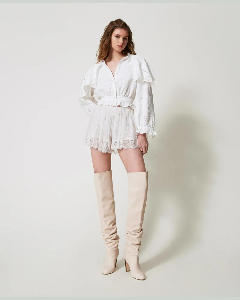 Twin-Set Hosen - Shorts „Lilie" aus Spitze mit Raffung, Weiß Schnee, Größe Weiß