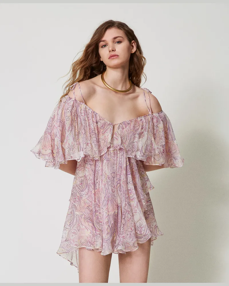 Twin-Set Kleider - 'Kurzes Kleid "Panarea" aus Seidenkrepon, Paisleymuster-Print Big Lilac, Größe Paisleymuster-print