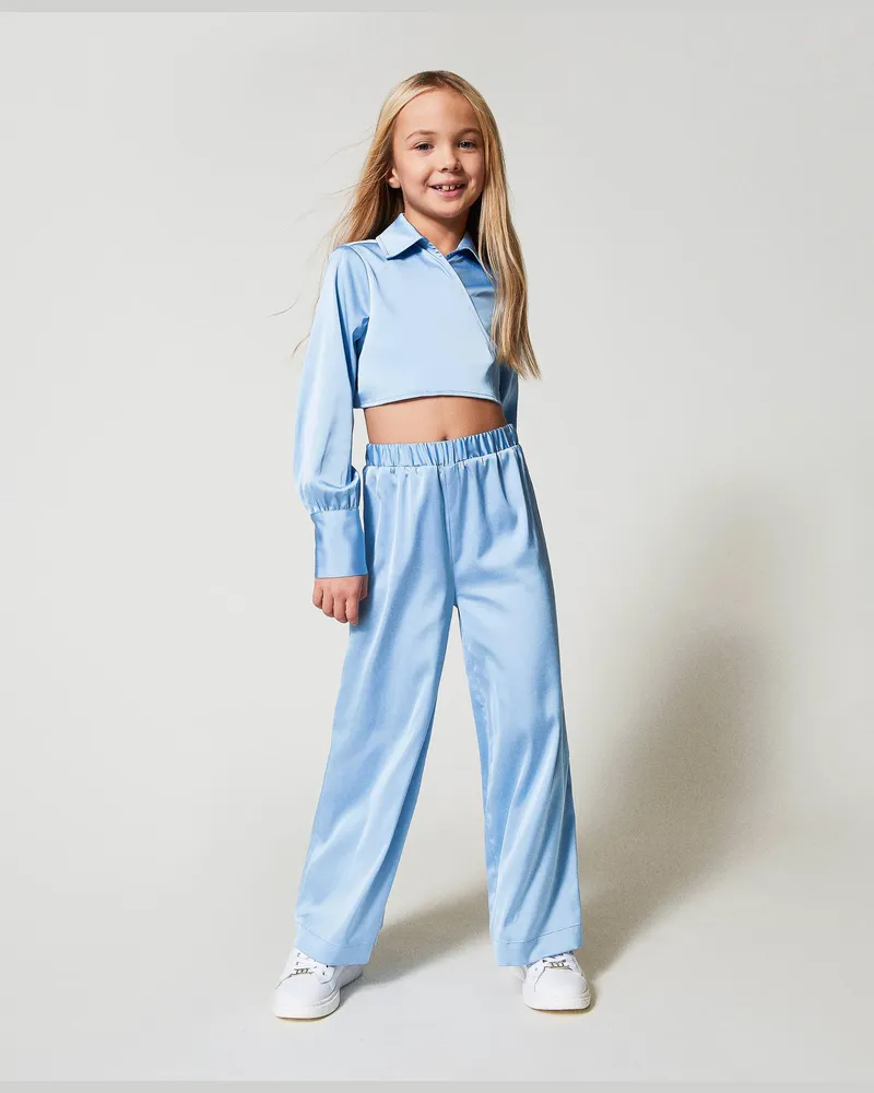 Twin-Set Hosen - Cropped-Hemd und Hose aus Satin, "Paper Blue"-Azur, Größe Paper