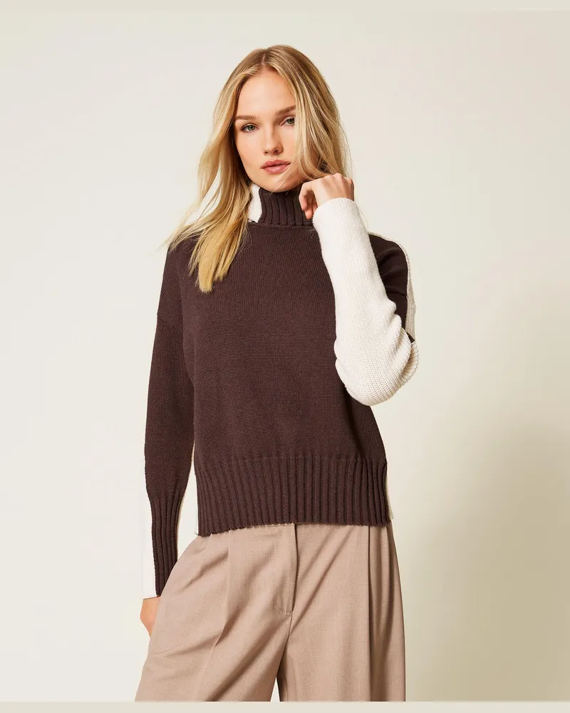 Twin-Set Rollkragenpullover aus zweifarbiger Wollmischung, Zweifarbig Chocolate Noir / Schneeweiß, Wolle, Größe: XL 