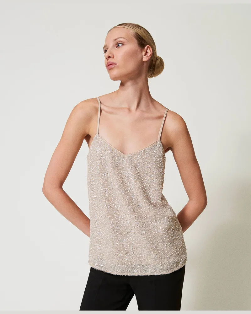 Twin-Set Tops - Top mit Pailletten und Perlen, Paillettenstickerei Pearls Schneeweiß / Delicate Beige, Mit Perlen, Größe Paillettenstickerei