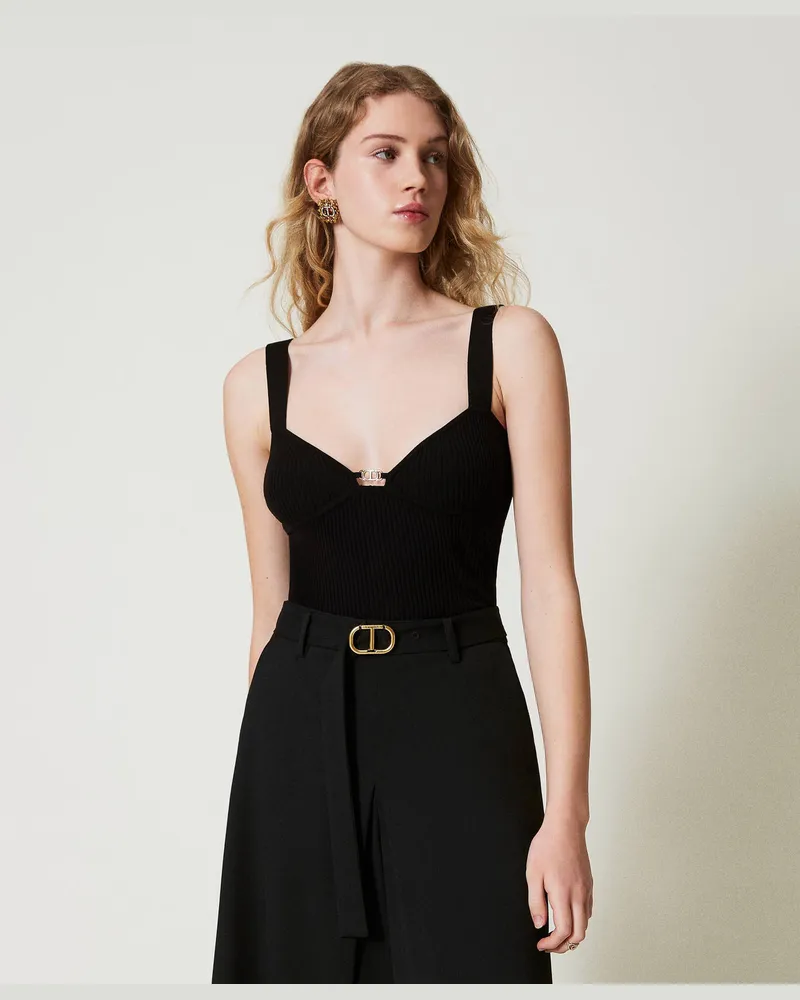 Twin-Set Tops - Figurbetontes Stricktop mit „Oval T"-Logo, Schwarz, Größe: XXL 