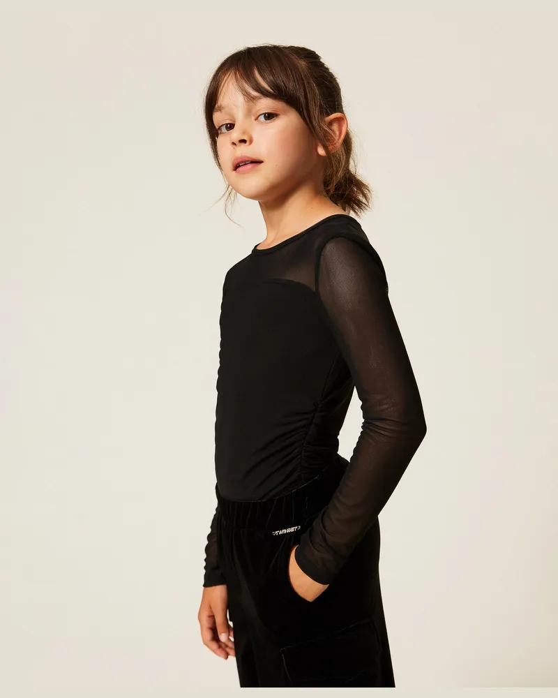 Twin-Set T-Shirt aus Tüll mit Raffung, Damen, Schwarz Schwarz