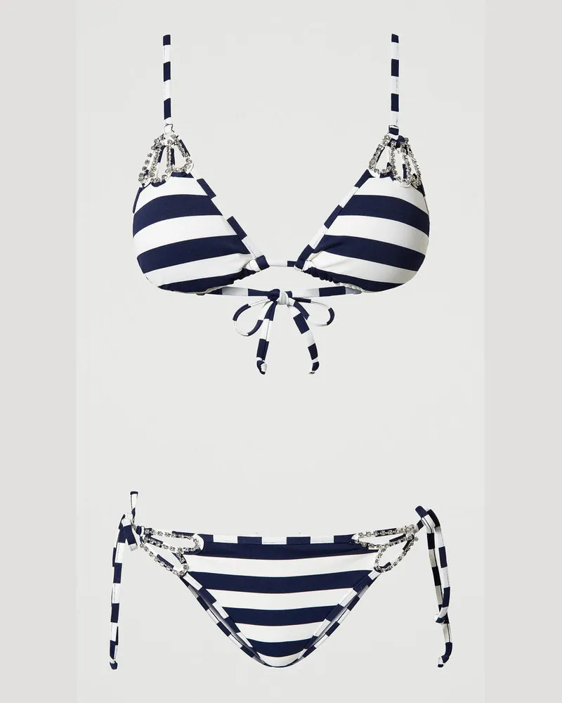 Twin-Set Bademode - Triangel-Bikinitop und Tanga mit Streifen, Zweifarbig Streifen „Blackout"-Schwarz / Star White, Strass, Größe: 2-B 