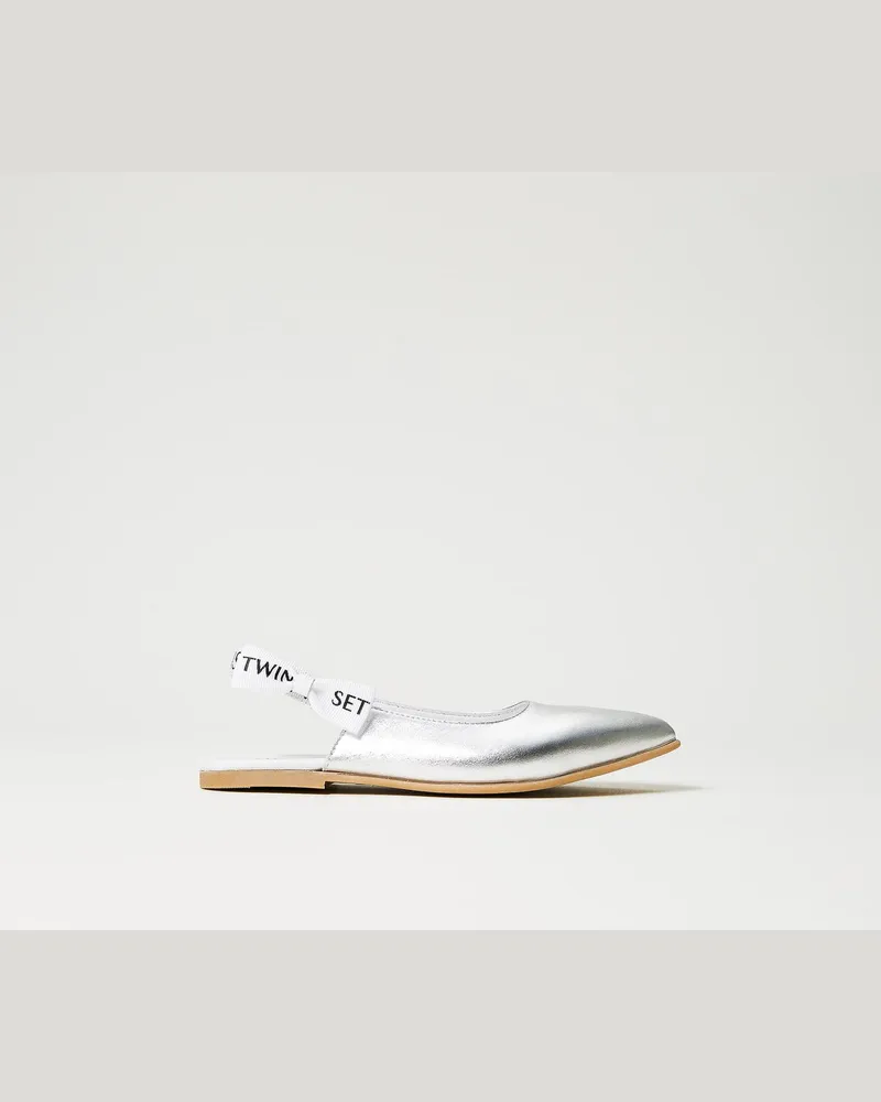 Twin-Set Schuhe - Slingback-Ballerina aus Leder mit Logo, Silber, Größe Silber