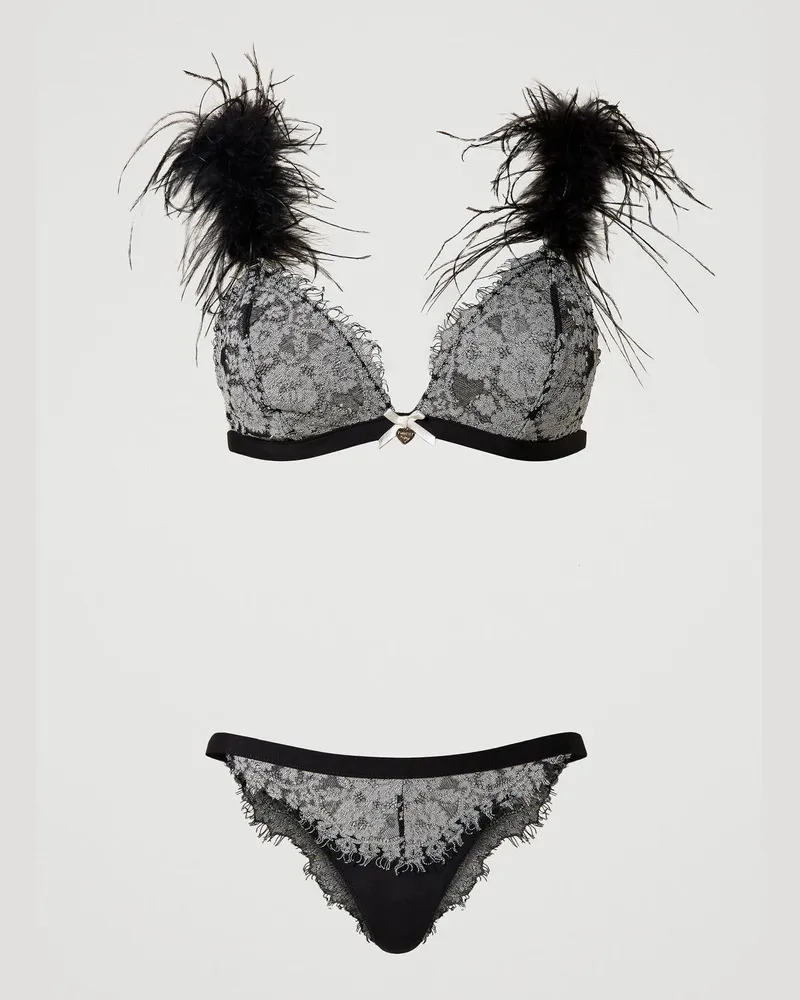 Twin-Set Unterwäsche - Triangel-BH und Brazilian-Slip mit Federn, Zweifarbig Schwarz / Perlmutt, Spitze, Größe: 2-B 