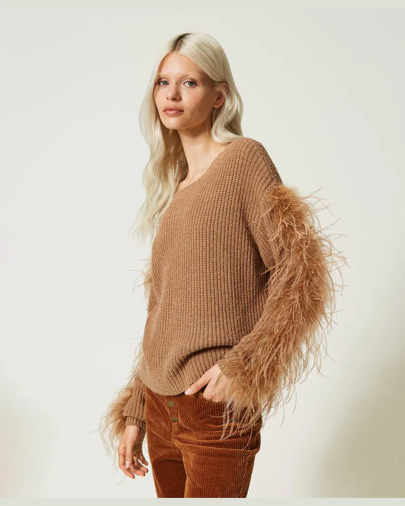 Twin-Set Pullover aus Wollmischung mit Federn, Pecan Brown, Wolle, Größe: XXL 