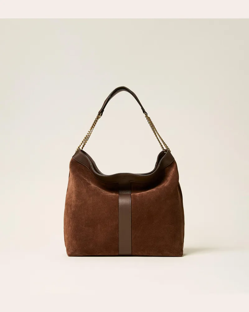 Twin-Set Hobo-Tasche aus Veloursleder mit Logo Chocolate