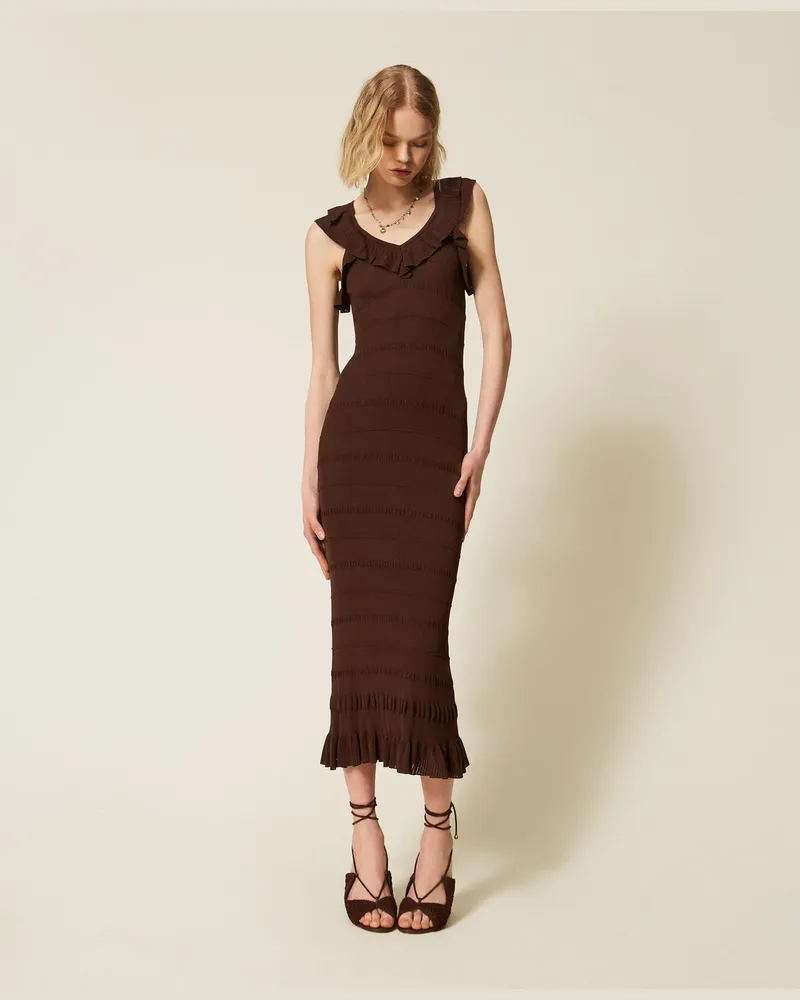 Twin-Set Kleider - Midikleid mit Rippenmuster und Volants, Coffee Liqueur, Größe Coffee