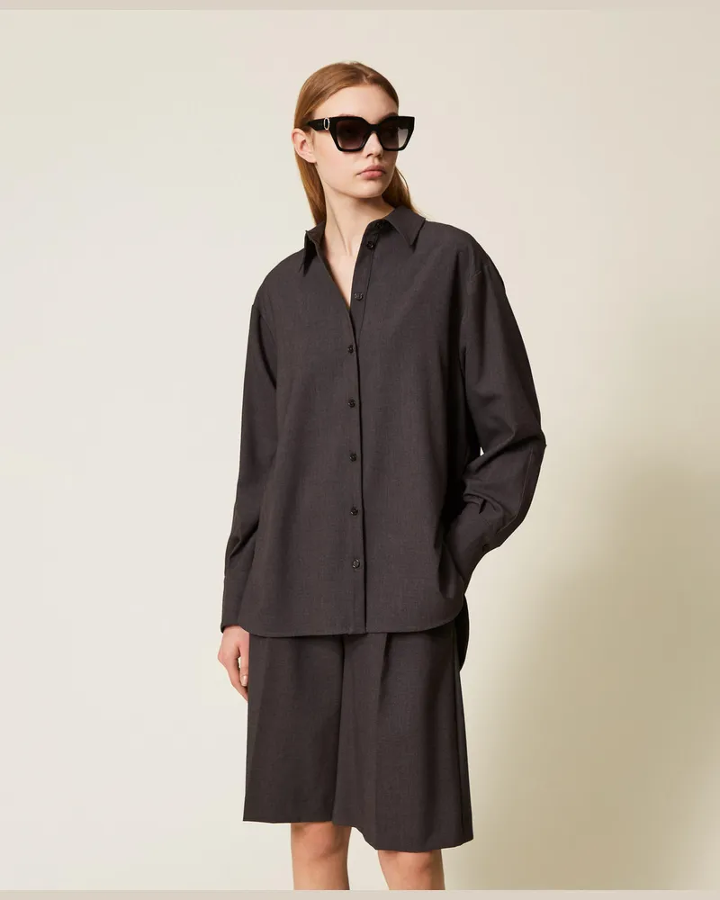 Twin-Set Hemden - Oversized-Hemdbluse mit Schlitzen, Anthrazitgrau-Melange, Größe Anthrazitgrau-melange