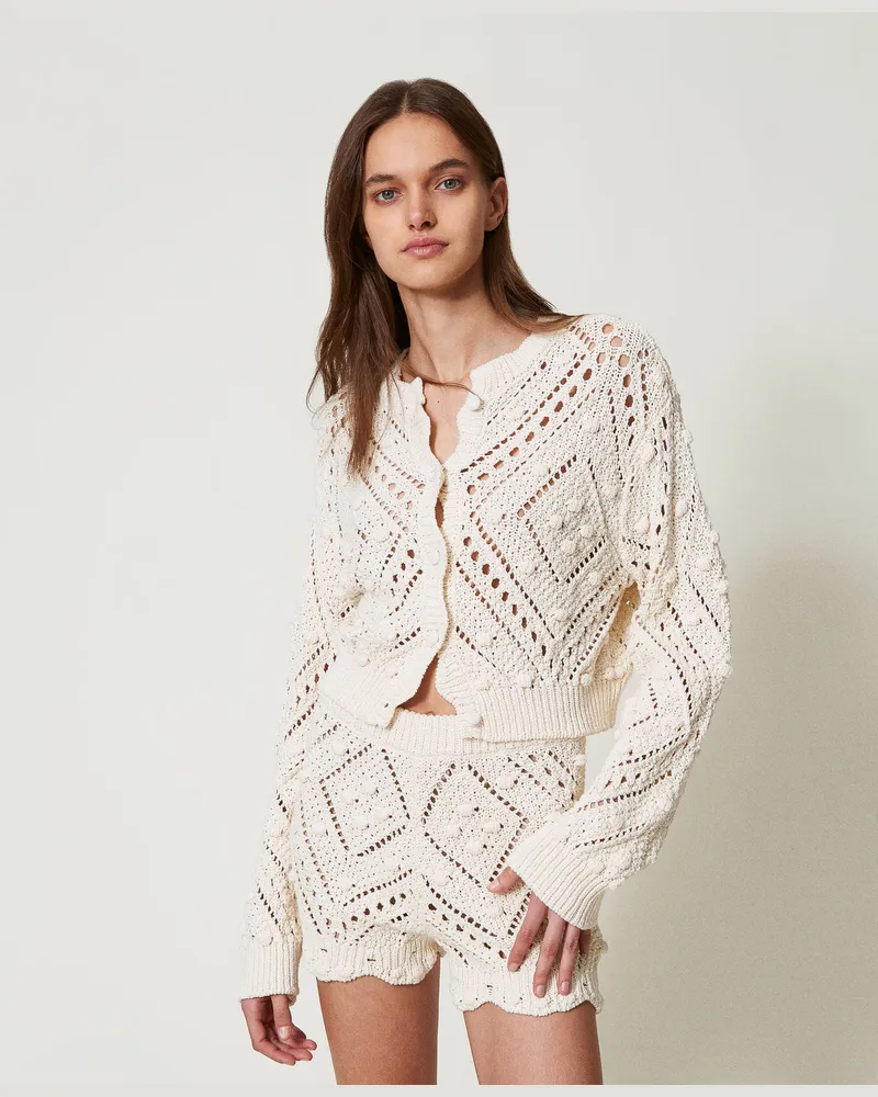 Twin-Set Hosen - Strickshorts mit Lochmuster, Light Natural, Baumwolle, Größe Light