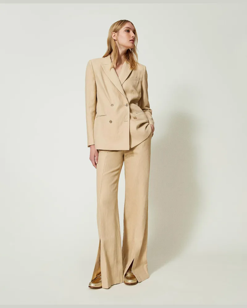 Twin-Set Hosen - Hose aus Leinenköper mit Schlitzen, „Almond Milk", Größe „almond