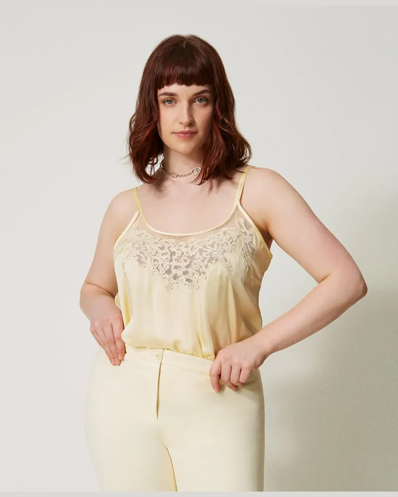 Twin-Set Tops - Satintop mit Stickerei, Vanilla, Größe: 50 