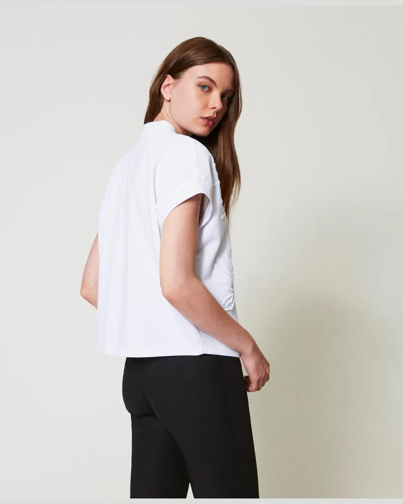 Actitude by Twinset T-Shirts - Poloshirt aus Pikee mit Stickerei, "Papers"-Weiß, Baumwolle, Größe Papers-weiß
