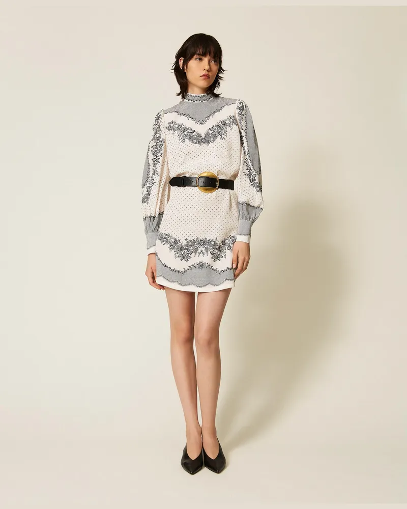 Twin-Set Kurzes Kleid aus Satin mit Jacquardmuster und Blumen und Tupfen Lace