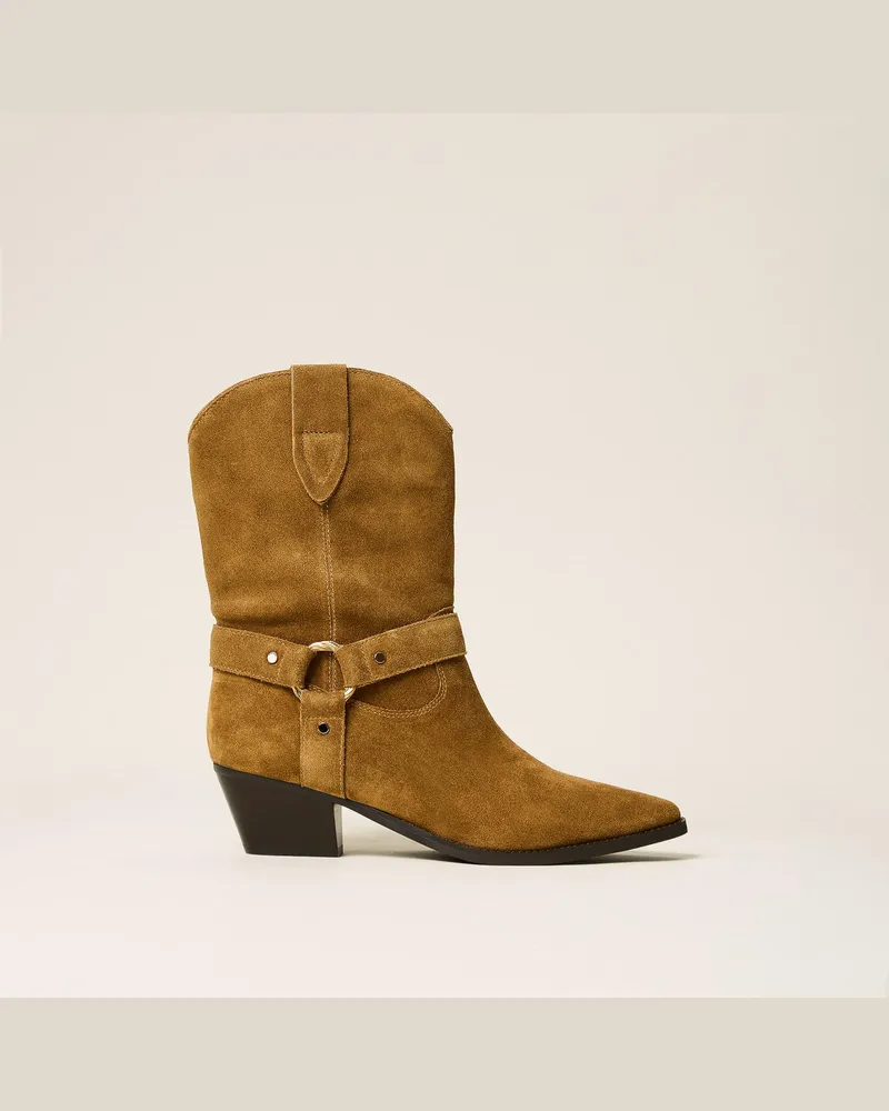 Twin-Set Cowboy-Stiefelette aus Veloursleder „oak“-beige