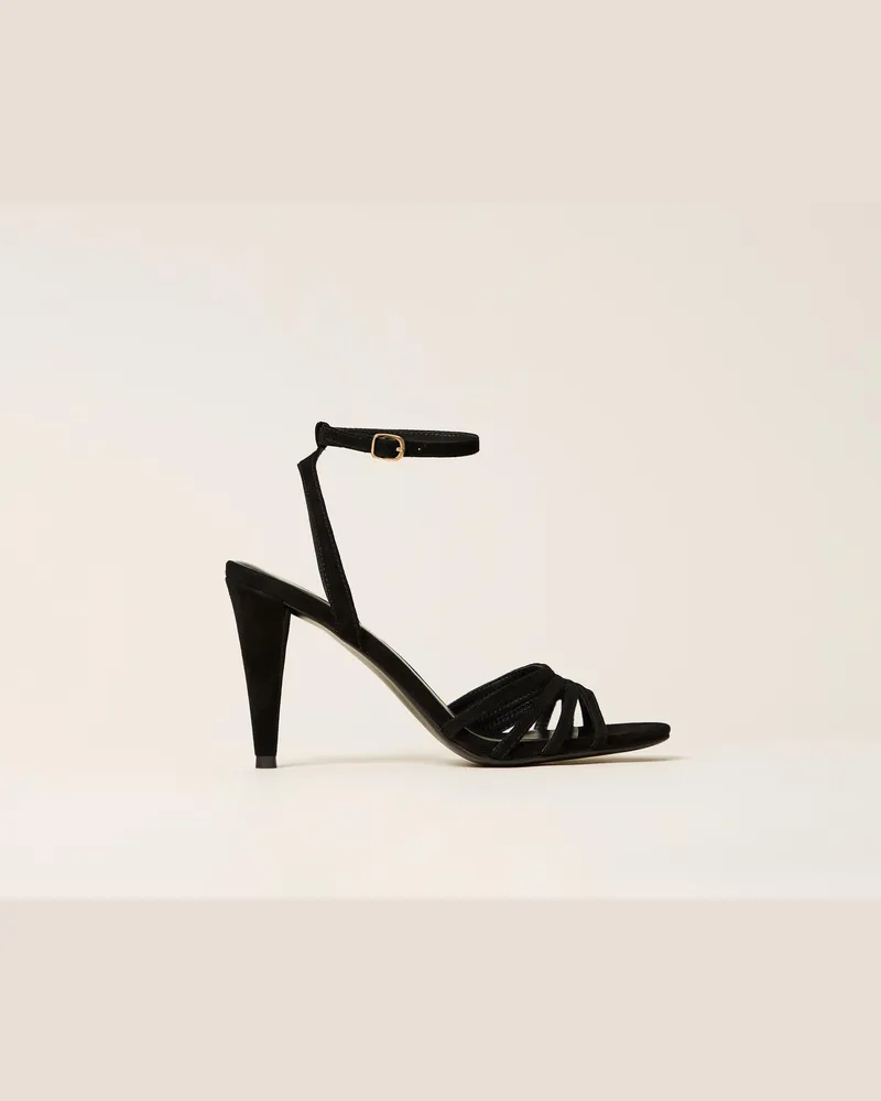 Twin-Set Sandalette aus Veloursleder, Damen, Schwarz Schwarz