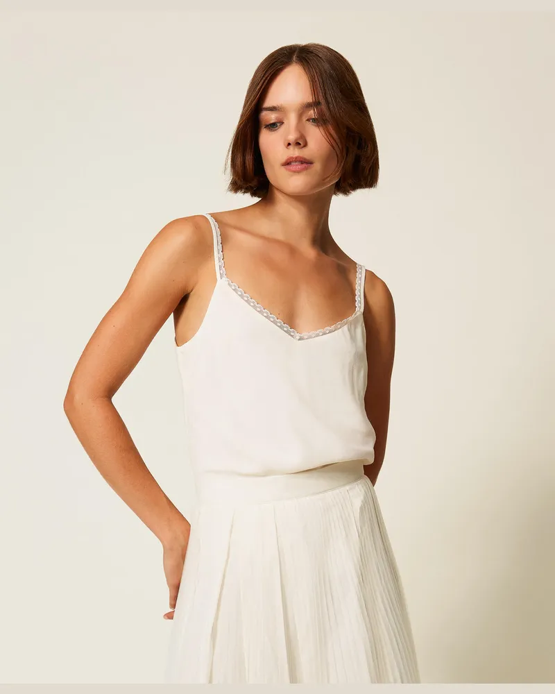 Twin-Set Tops - Top aus Crêpe de Chine aus Seidenmischung, Weiß Schnee, Größe: 48 