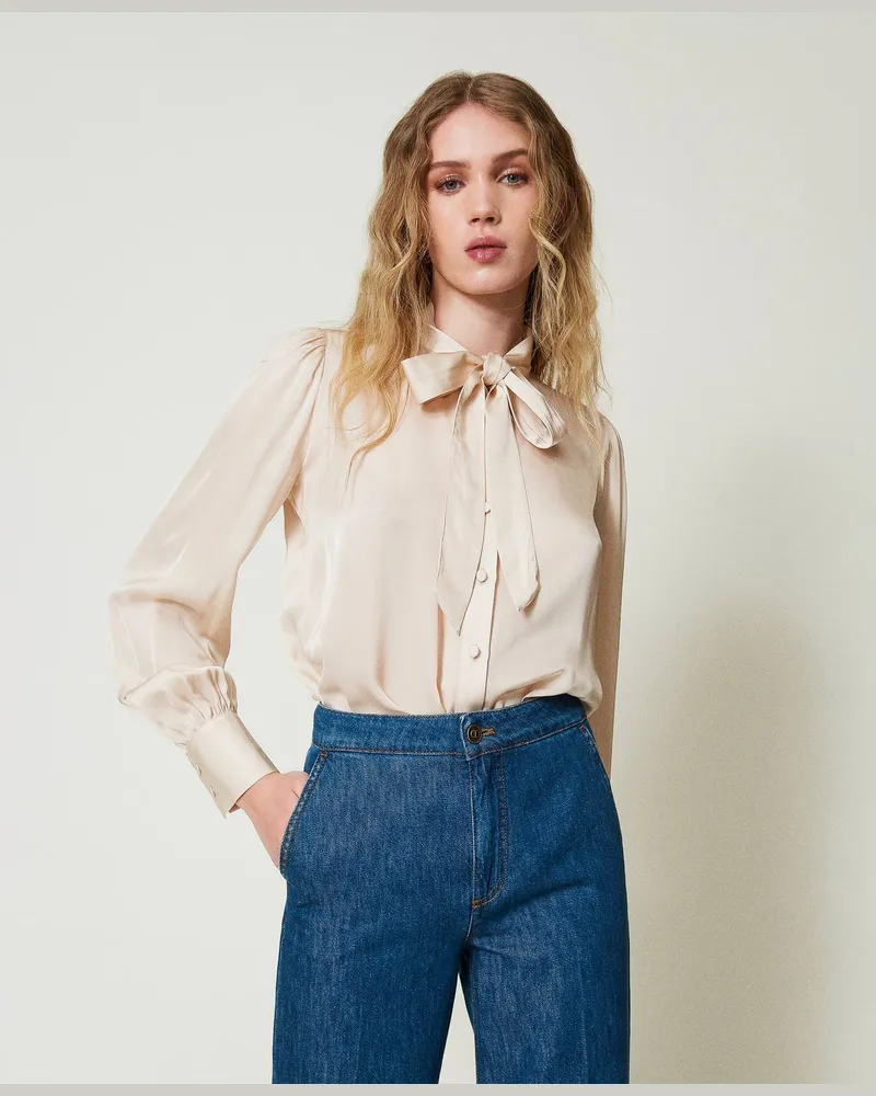 Twin-Set Hemden - Satinhemd mit Schleife, „Old White", Größe „old