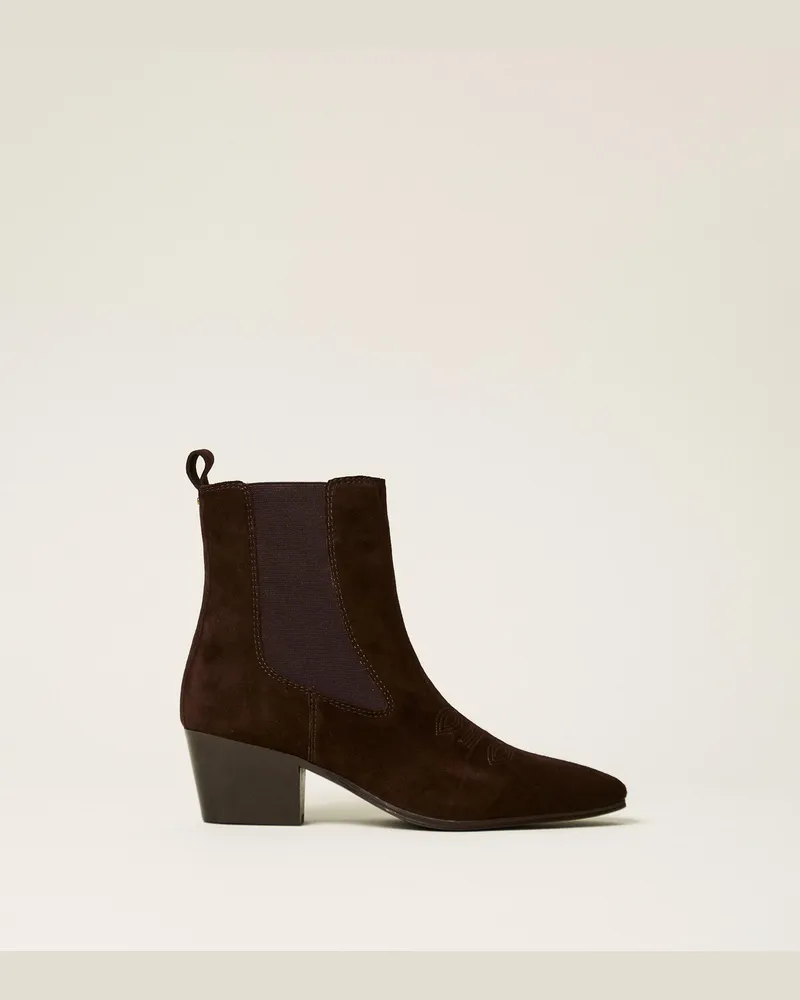 Twin-Set Stiefelette aus Veloursleder, Damen, Kaffee Kaffee