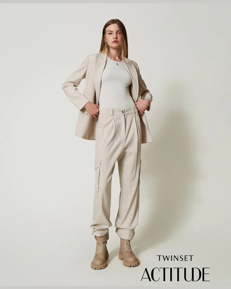 Twin-Set Hosen - MYFO Cargohose mit Stickerei, Mattgold-Melange, Größe Mattgold-melange