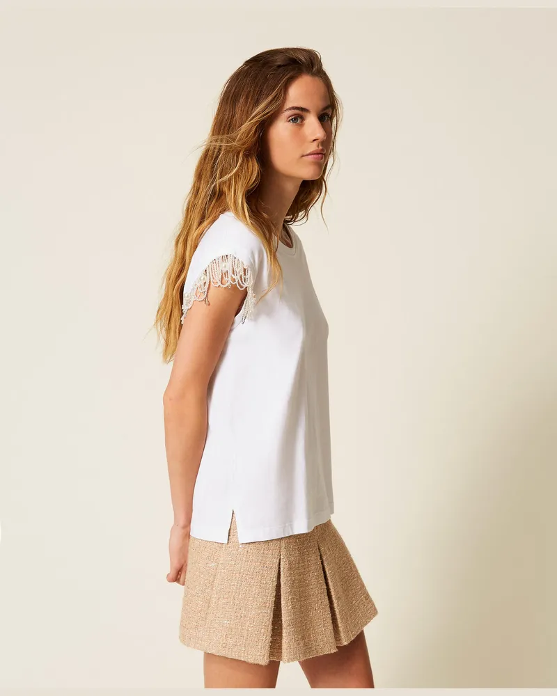 Actitude by Twinset T-Shirts - Handbesticktes T-Shirt, "Papers"-Weiß, Fransen, Größe: XXL 