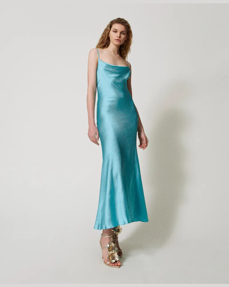 Twin-Set Kleider - Figurbetontes Maxikleid aus Satin, "Porcelain"-Azur, Größe Porcelain-azur