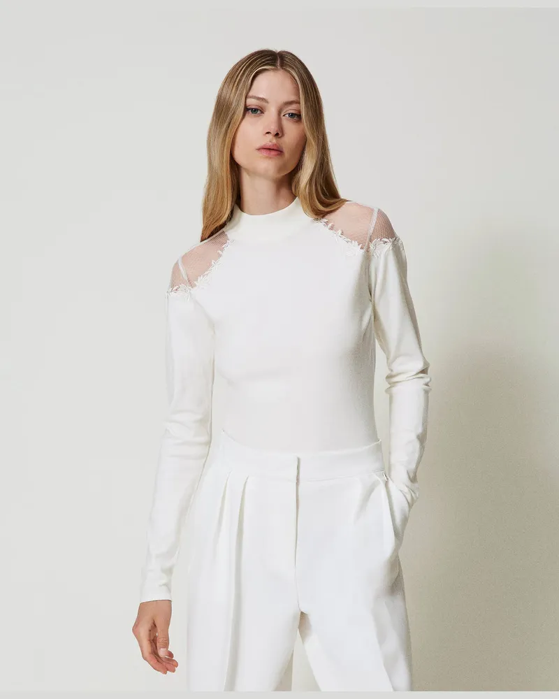 Twin-Set Stehkragenpullover mit Tüll und Stickerei, Weiß Antique White, Größe: XS 