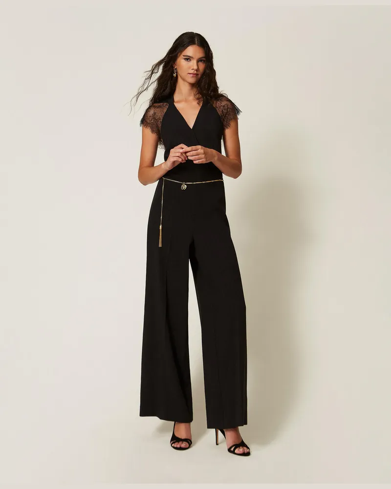 Twin-Set Overall aus Crêpe und Spitze Schwarz
