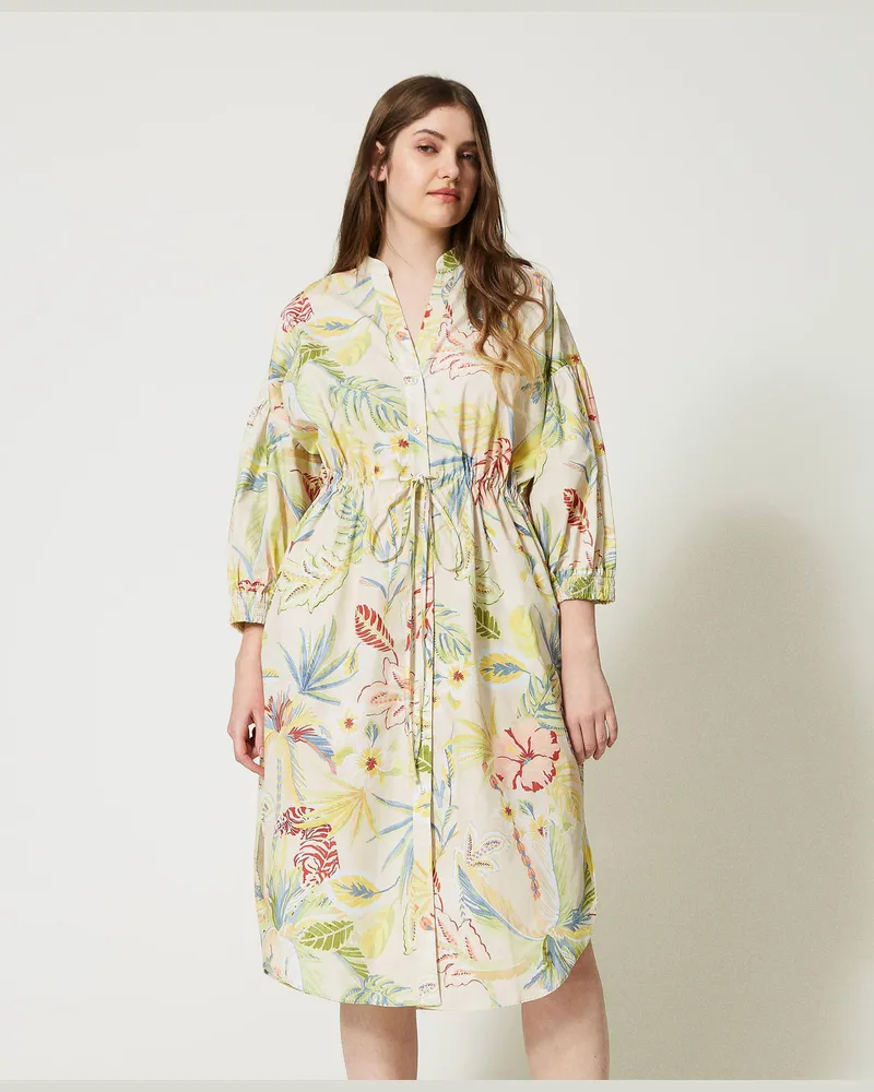 Twin-Set Kleider - Midi-Hemdblusenkleid aus bedrucktem Popeline, Dschungelprint Elfenbein / Multicolor, Baumwolle, Größe Dschungelprint