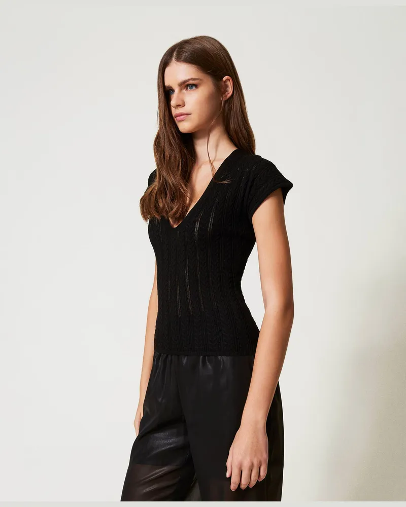 Twin-Set Bademode - Figurbetonter Pullover mit Rippenmuster, Schwarz, Größe Schwarz
