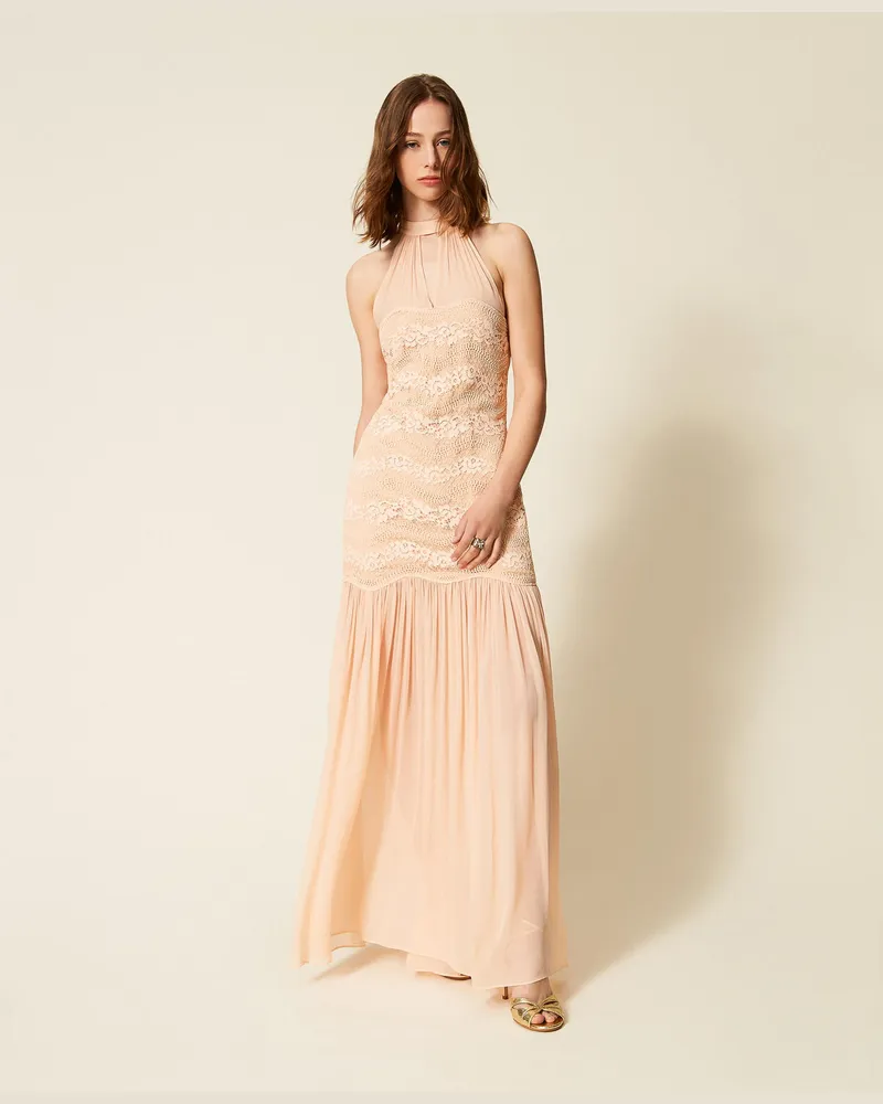 Twin-Set Kleider - Langes Kleid aus Makramee-Spitze und Georgette, "Peach Pink"-Rosa, Größe Peach